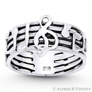 G-Clef, Musical Notes, & Staves Stackable Band in .925 Sterling Silver - Size 5